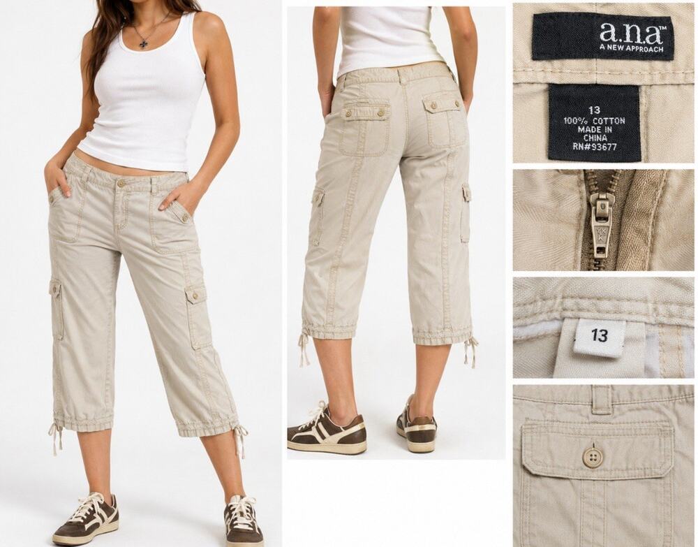Y2K Parachute a.n.a Cropped Wide Leg Cargo Capri Pants Size 14 Khaki Linen Blend